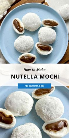 how to make nutella mochi recipe on a blue plate with text overlay