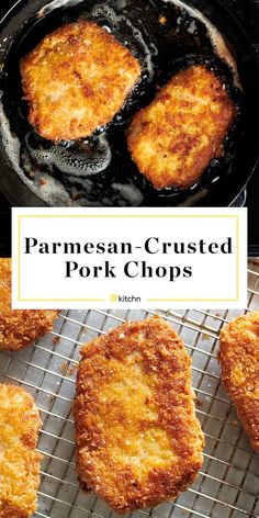 parmesan - crusted pork chops in a skillet with text overlay