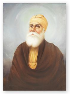 an oil painting of a man with white beard and yellow turban