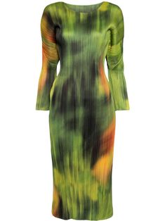 spinach green/multicolour abstract pattern print plissé effect round neck three-quarter length sleeves mid-calf length straight hem Midi Dress Green, Pleats Please, Yoko London, Pleats Please Issey Miyake, Green Midi Dress, Tie Dye Patterns, Issey Miyake, Abstract Pattern, Denim Dress