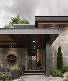 the front entrance to a modern home with stone steps