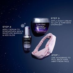 Gift The Extraordinary with Advanced Génifique & Rénergie Give the gift of beauty sleep with this limited-edition gift set night-time regimen featuring 2 Full-Sizes of Lancôme’s skincare icons. This Limited-Edition Skincare Gift Set Contains 2 Full Sizes & A Free Gift: Full-Size Advanced Génifique Face Serum (0.7 Fl. Oz.) Full Size Rénergie Lift Multi-Action Night Cream (1.7 Fl. Oz.) Free Gift: Headband Advanced Génifique Face Serum helps to strengthen the skin’s moisture barrier in one drop. A strong skin moisture barrier helps to lock in hydration and defend against external aggressors including pollution, cold, and dry weather. Formulated with 10% Bifidus Prebiotic, Hyaluronic Acid, and Vitamin Cg this anti-aging serum helps to improve the look of dull skin and the signs of aging for vi Holiday Skincare, Lancome Renergie, Morning Skincare, Aging Serum, Morning Skin Care Routine, Sleep Routine, Skincare Gift Set, Beauty Sleep, Hydrating Serum