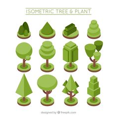 various types of trees and plants in flat style with text that reads, sometric tree & plant