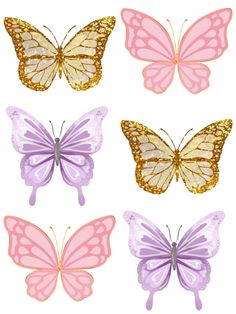 four different colored butterflies with gold, pink and purple wings on white background stock photo