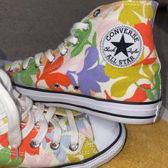 Size 9 Women’s Converse Flower Pattern High Top Sneakers. Brand New Only Worn Once Nwot Casual Low-top Floral Print Sneakers, White High-top Sneakers With Floral Print, Floral Print High-top Sneakers For Streetwear, Trendy Floral Print Sneakers For Spring, Sporty Floral Print Sneakers With Round Toe, Multicolor Lace-up High-top Sneakers For Spring, Spring Floral Print Sneakers With Round Toe, Floral Print Round Toe Sneakers For Spring, Spring Floral Print Round Toe Sneakers