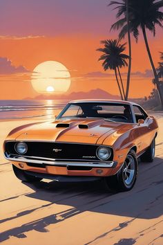 a painting of an orange muscle car on the beach with palm trees in the background