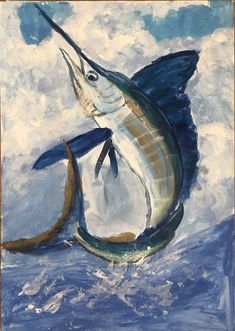 Swordfish. Fish. Sea Life. Echoes Lockdown Gallery. Acrylic painting. Sea landscape. Fish on the waves. Sea painting. Cloud sky. Nature painting. Big fish. Blue water. Swordfish Painting Acrylic, Sail Fish Painting, Sea Life Painting Acrylic, Swordfish Drawing, Acrylic Fish Painting, Fish Painting Acrylic, Fish Acrylic Painting