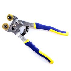 a pair of pliers with yellow and blue handles on a white background, showing the inside side of the tool