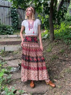 "Vintage 1970s Indian cotton floral block print maxi wrap skirt. This skirt is so versatile and classic! Perfect for Summer! Best Fit: s/m Waist:  26-34\" Hip: open Length: 40\" Condition: excellent" Bohemian Maxi Skirt, Maxi Wrap Skirt, Vintage Dress Design, Silk Wrap Skirt, Indian Skirt, Floral Block Print, Vintage Suede Jacket, Skirts Long, Wrap Maxi Skirt