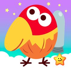 a cartoon bird with big eyes standing in the snow next to a stars and moon