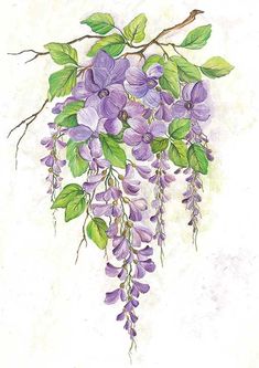 a painting of purple flowers and green leaves