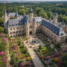 an aerial view of a castle with many trees and flowers