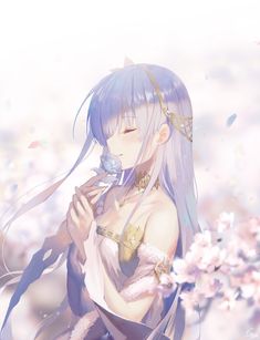 an anime character with long hair and blue eyes holding a flower in her right hand