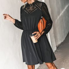 Black Cupshe Dress, Lace Neck And Sleeve, Nib Chic Black Midi Dress For Brunch, Black Dress For Brunch In Fall, Black Dress For Fall Brunch, Black Fall Cocktail Midi Dress, Black Midi Dress For Going Out In Fall, Black Dress For Going Out In Spring, Work Party Dress, Cupshe Dress, Plunge Mini Dress