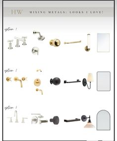 various types of bathroom fixtures including mirrors, sinks and faucets are shown here