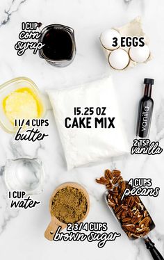 the ingredients needed to make an egg cake recipe on a marble counter top with text overlay