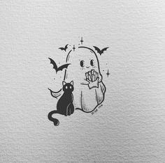 a black and white drawing of a cat sitting next to a ghost with bats on its head