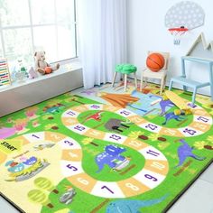 a child's room with toys and rugs on the floor