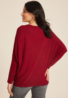 24/7 Dakota Ribbed Dolman Top - Red Rayon Tops For Fall, Red Knit Tops With Relaxed Fit, Red Relaxed Fit Knit Top, Red Stretch Tops With 3/4 Sleeves, Dolman Top, Dolman Sleeve, Ribbed Fabric, New Shop, Large Size