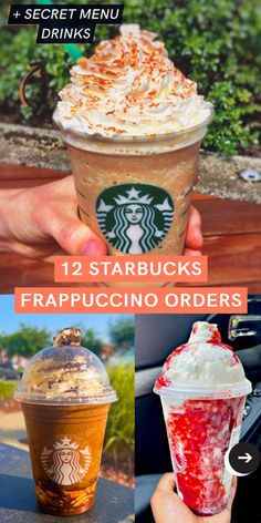 starbucks frappuccino orders with text overlaying the image and below it