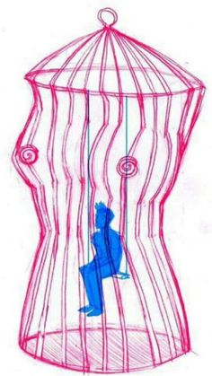 a drawing of a person sitting in a birdcage that is red and blue