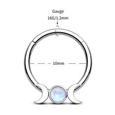 the size and measurements of an opalite stone in a circular metal ring with two curved