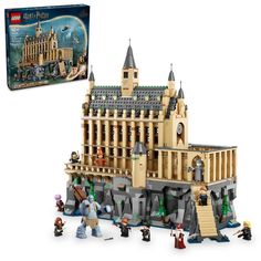 a lego hogwarts castle set is shown in front of the box and it's contents