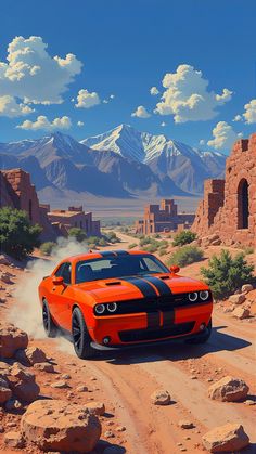 an orange car driving down a dirt road