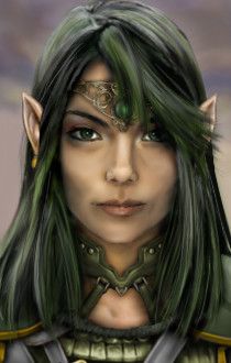 an elf with green hair and horns is looking at the camera while she's dressed in