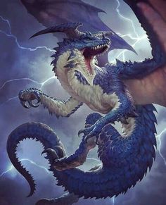 a large blue dragon with it's mouth open and lightning in the sky behind it