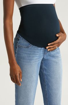 An easy mix of slim and slouchy, these cropped jeans feature a stretchy over-the-bump waistband that offers secure support throughout each trimester. 27" inseam; 13 1/2" leg opening 71% cotton, 25% REPREVE® recycled polyester, 3% rayon, 1% spandex REPREVE recycled polyester is made from 100% post-consumer recycled plastic bottles Machine wash, tumble dry Imported Stretch Versatile Jeans With Elastic Waistband, Versatile Stretch Jeans With Elastic Waistband, Everyday Stretch Jeans With Elastic Waistband, Stretch Jeans With Elastic Waistband For Everyday, Comfort Stretch Straight Leg Denim Bottoms, Comfort Stretch Denim Bottoms With Straight Leg, Fitted Jeans With Elastic Waistband And Tapered Leg, Dark Wash Comfort Stretch Straight Leg Bottoms, Comfort Stretch Denim Straight Leg Bottoms