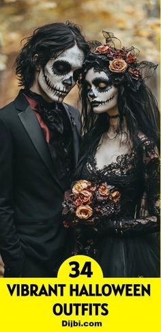 two people dressed up in skeleton makeup and black hair, with text that reads 34 vibrant halloween outfits