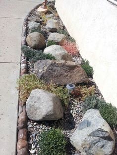 a garden with rocks, plants and gravel on the side of a building next to a sidewalk