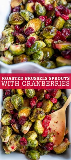 roasted brussel sprouts with cranberries in a white dish