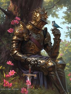 a painting of a knight holding a bird in his hand while sitting on a chair