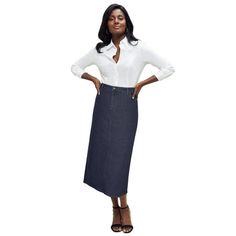 Jessica London Women's Plus Size True Fit Stretch Denim Midi Skirt Skirt.Premium stretch denim and a no-gap contoured waistband give this denim midi skirt a curve-hugging fit thats full-on flattering. The look is relaxed but also refined, making it polished enough to wear to the office and cool enough for weekend outings. Premium stretch denimSlightly lower contoured waist5-pocket styling, zip-button closure, belt loopsA-line silhouette36" length hits mid-calfCotton/poly/spandex Machine wash; im Fitted Denim Skirt, Casual Denim Skirt, Long Jean Skirt, Utility Skirt, Tunic Tank Tops, Work Wear Women, Ladies Of London, Denim Midi Skirt, Bottom Clothes