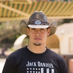 Man wearing Stampede Brown men's western hat with longhorn concho and chain band Mens Western Wedding Attire, Mens Western Wear, Leather Cowboy Hats, Mens Hats Fashion, Western Boots For Men