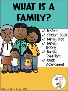 what is a family? poster with an image of three adults, two children and one child