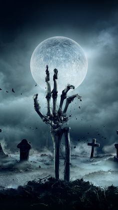 a creepy looking tree in the middle of a graveyard with bats flying around it and a full moon behind it