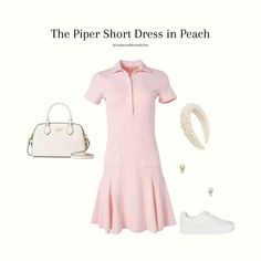 Get ready to turn heads in the Piper Short Dress! This peach-colored dress features a fun pink print and a V-shaped neckline with a collar. The fitted sleeves and knee-length skirt with front pockets add a touch of playfulness. With its pull-over style and functional buttons at the bust, this dress is both stylish and easy to wear. IG: @leplacarddemadeline summer aesthetic, pinterset outfit, summer outfit, big family, mommy and me, outfit inspo, outfit graphic, collage Preppy Mini Dress For Summer, Preppy Knee-length Summer Dresses, Spring Collared Feminine Mini Dress, Spring Feminine Collared Mini Dress, Fitted Mini Dress With Pockets For Daywear, Preppy Fitted Mini Dress, Trendy Fitted Collared Dress, Feminine Collared Mini Dress For Daywear, Spring Preppy Knee-length Dress