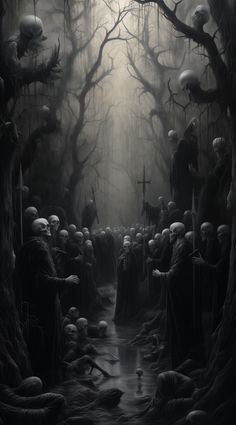 a group of people standing in the middle of a forest with lots of skulls on them