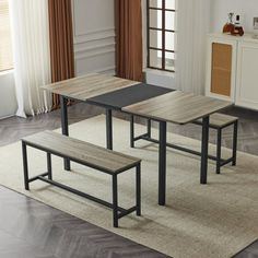 a dining table with two benches in front of it and a rug on the floor