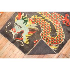 Mid-20th Century hand-knotted one of a kind wool Tibetan Rug with a dragon design on a brown field. Dragon Rug, Tibetan Dragon, Chinese Prints, Art Dragon, Tibetan Rugs, Vintage Dragon, Dragon Design, Mid Century Art, A Dragon