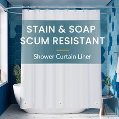 the shower curtain liner is white and has blue tiles on it, along with text that reads stain & soap scum resistant shower curtain curtain liner