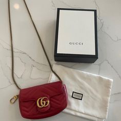 This Purse Was Used One Time!! It’s In Brand New Condition! I’m Selling Because The Purse Hangs Longer On Me Than I Want. There Is Not A Scratch Or Flaw Inside Or Outside! Red Designer Bag, Red Gucci Bag, Gucci Gg Marmont Matelasse, Knit Sweater Outfit, Dream Bags, Gucci Mini, Gucci Purse, Gucci Purses, Bags Gucci