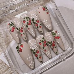 Indulge in elegance with our Luxury Strawberry Garden Press on Nails, featuring beautiful fruit designs. These handmade gel nails are reusable, offering a perfect blend of luxury and charm. Enjoy the convenience of custom glue-on fake nails for any occasion. 🌸Thank you for supporting my small business.🌸 You can reuse all the nails you purchased from us multiple times, if you handle them with care 📦𝐖𝐡𝐚𝐭 𝐜𝐨𝐦𝐞𝐬 𝐰𝐢𝐭𝐡 𝐲𝐨𝐮𝐫 𝐩𝐫𝐞𝐬𝐬 𝐨𝐧 𝐧𝐚𝐢𝐥 𝐤𝐢𝐭? 10 𝘯𝘢𝘪𝘭𝘴 𝘰𝘧 𝘺𝘰𝘶 Cute Press On Nails Walmart, November Press On Nails, Fake Nails Small Business, Press On Nail Kit, Fruit Nails, Nails Beautiful, Strawberry Garden, Green Fruit, Fruit Design