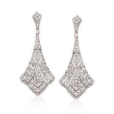 Ross-Simons - .33 ct. t.w. Diamond Deco-Style Drop Earrings in Sterling Silver - #838372 Beautiful Diamond Earrings, The Jazz Age, Heart Bangle Bracelet, Jewel Wedding, Diamond Evil Eye, Diamond Bows, Diamond Birthstone, Swirl Earrings, Jazz Age