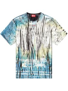 blue/multicolour cotton jersey texture metallic effect all-over graphic print logo patch to the front crew neck short sleeves straight hem Diesel T Shirts, Baggy Style, Diesel Men, Embroidered Monogram, Jean Belts, Film Poster, Tee Shirt Homme, Fashion Labels, Print Logo