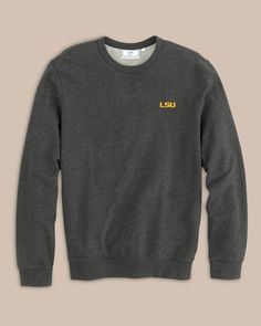 The front view of the LSU Tigers Upper Deck Pullover Sweatshirt by Southern Tide - Heather Black Lsu Tshirt Ideas, Lsu Tigers Shirts Vinyl, Lsu Clothes, Lsu Sweatshirt Women, Lsu Crewneck, Southern Tide, Sophisticated Dress, Lsu Tigers, Khaki Shorts