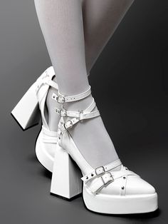 Step into edgy elegance with our crisscross ankle straps white pointed-toe Gothic high heels. These striking heels feature a white color and a pointed-toe design that exudes a gothic allure. The crisscross ankle straps add a touch of drama and sophistication to elevate any outfit.  Please note that this product includes only one pair of shoes.  Garment Size   	 		 			Size 			34 			35 			36 			37 			38 			39 			40 		 		 			Foot Length 			21.6-22.0 			22.1-22.5 			22.6-23.0 			23.1-23.5 			23.6-24 White Mary Jane Heels For Party, White Block Heel Mary Jane Heels, White Mary Jane Heels With Block Heel, White Mary Jane Block Heels, White Platform Heels Ankle-high, White Open Toe Heels With Metal Feet, White Heels With Metal Feet, White Pointed Toe Mary Jane Heels, White Mary Jane Heels With Pointed Toe